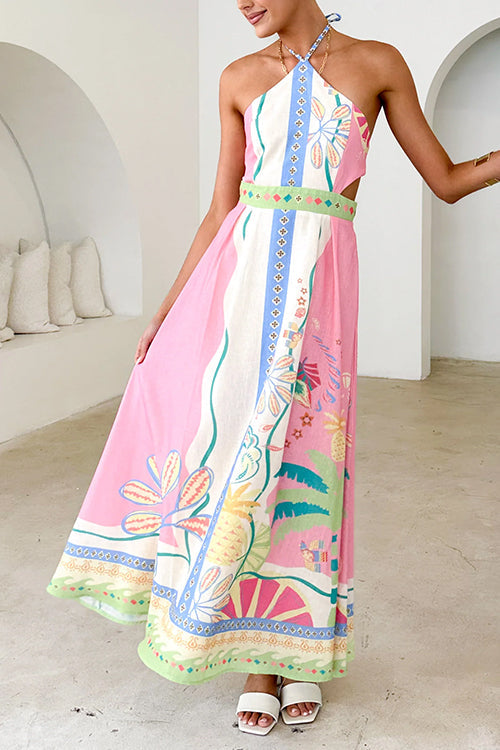 WW | Halter Schnürung Rückenfreies Rio Print Maxi Kleid