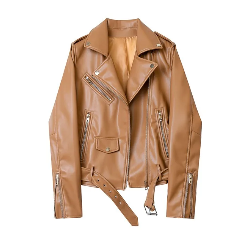 WW | Damen-Biker-Lederjacke mit Reißverschlüssen und Gürtel