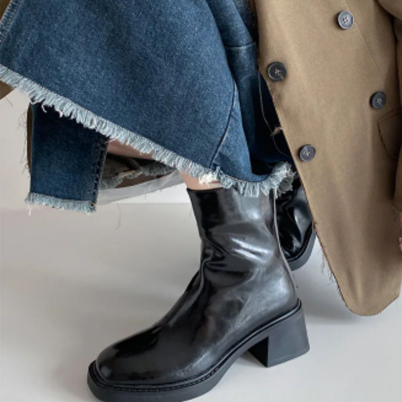Damen-Leder-Ankle-Boots mit Blockabsatz