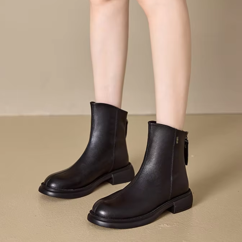 WW | Damen Stiefel Leder Ankle Boots mit Reißverschluss Hinten und Niedrigem Absatz