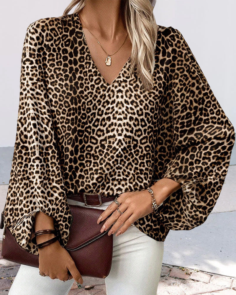 WW | Stilvolles Leopardenprint-Top mit V-Ausschnitt und Laternenärmeln