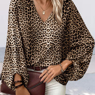 WW | Stilvolles Leopardenprint-Top mit V-Ausschnitt und Laternenärmeln