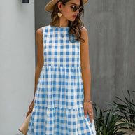 WW | Mode, Locker Geschnittenes Damenkleid mit Rundhalsausschnitt, Kariert Pastelmittelrock