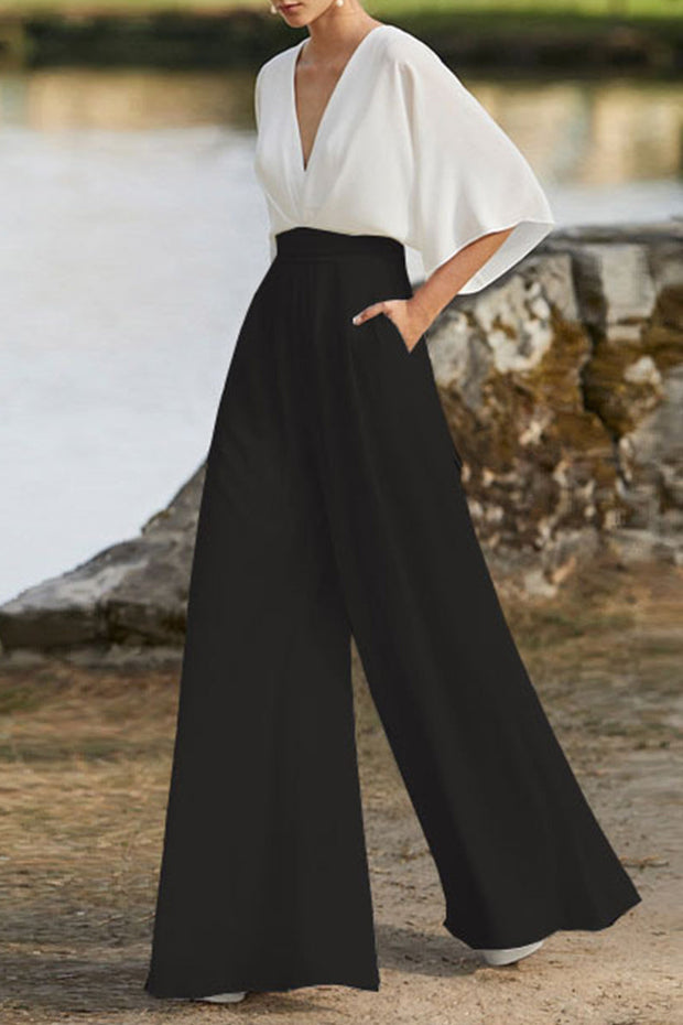 WW | Britischer Stil Eleganter Farbblock Tasche Kontrast V-Ausschnitt Lockere Jumpsuits