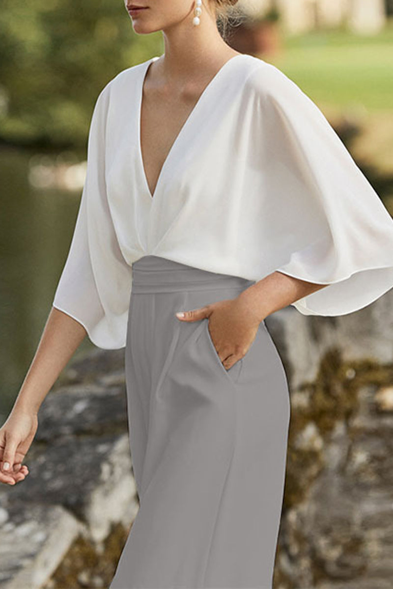 WW | Britischer Stil Eleganter Farbblock Tasche Kontrast V-Ausschnitt Lockere Jumpsuits