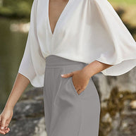 WW | Britischer Stil Eleganter Farbblock Tasche Kontrast V-Ausschnitt Lockere Jumpsuits