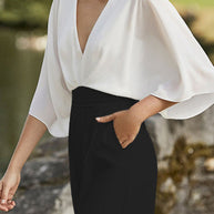 WW | Britischer Stil Eleganter Farbblock Tasche Kontrast V-Ausschnitt Lockere Jumpsuits