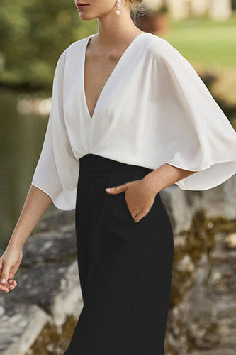 WW | Britischer Stil Eleganter Farbblock Tasche Kontrast V-Ausschnitt Lockere Jumpsuits