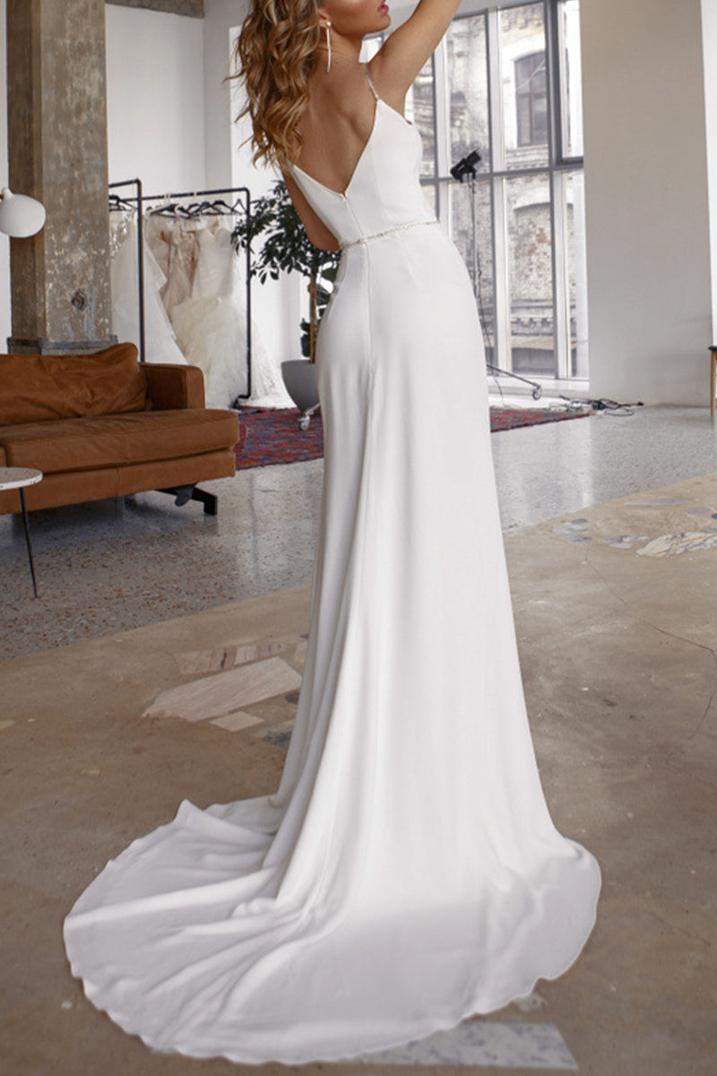 W&W Mode | Sexy Elegante Einfarbige Schlitz V-Ausschnitt Abendkleid Kleider