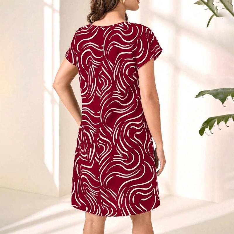 WW Kleid | Elegant Modisches rotes Midi-kleid mit Rundhalsausschnitt und Streifendetail