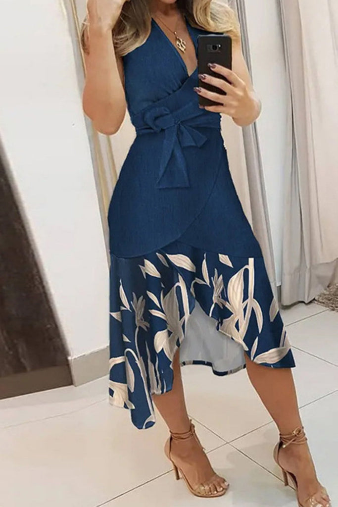 WW | Lässiges Print Patchwork Frenulum V-Ausschnitt Ärmelloses Kleid Kleider