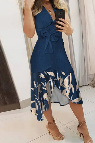 WW | Lässiges Print Patchwork Frenulum V-Ausschnitt Ärmelloses Kleid Kleider
