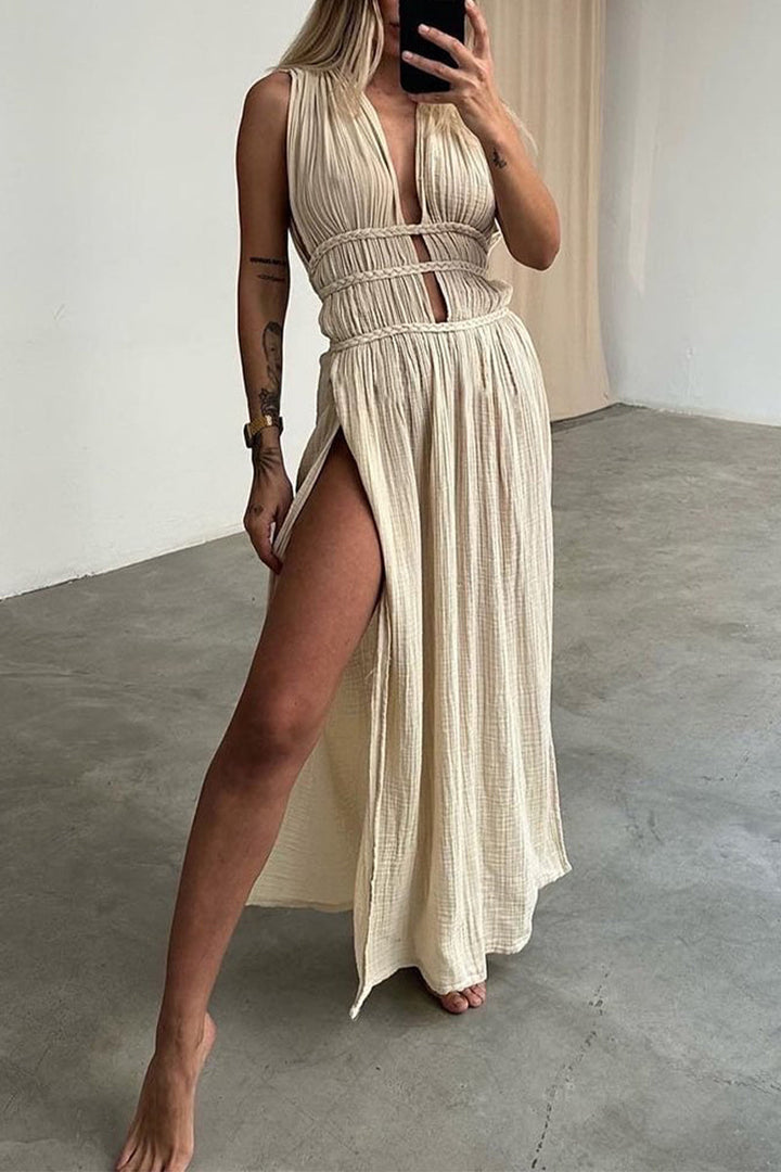 W&W Mode | Sexy Bohemian Einfarbige Schlitz V-Ausschnitt Strandkleider