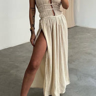 WW | Sexy Bohemian Einfarbige Schlitz V-Ausschnitt Strandkleider