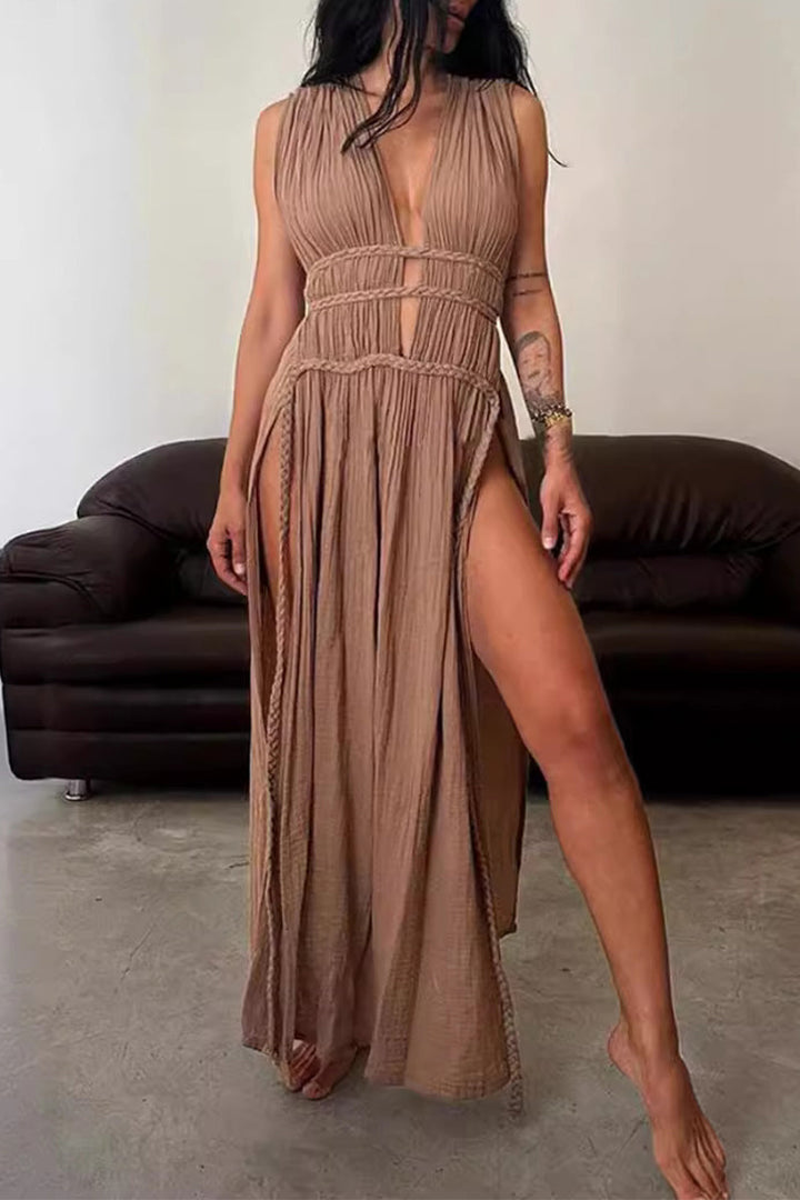 W&W Mode | Sexy Bohemian Einfarbige Schlitz V-Ausschnitt Strandkleider