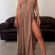 WW | Sexy Bohemian Einfarbige Schlitz V-Ausschnitt Strandkleider