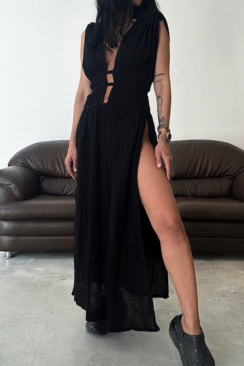 W&W Mode | Sexy Bohemian Einfarbige Schlitz V-Ausschnitt Strandkleider