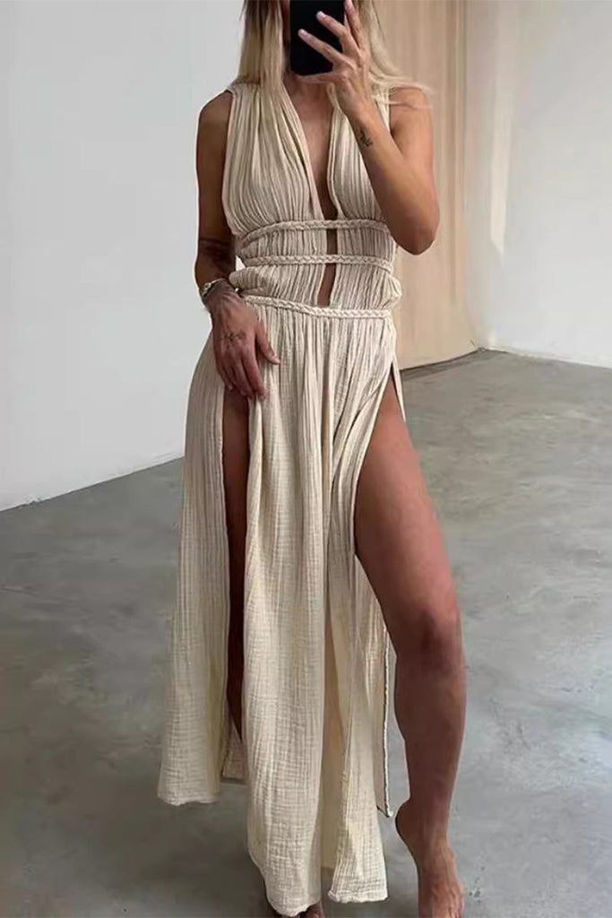 WW | Sexy Bohemian Einfarbige Schlitz V-Ausschnitt Strandkleider