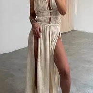 WW | Sexy Bohemian Einfarbige Schlitz V-Ausschnitt Strandkleider