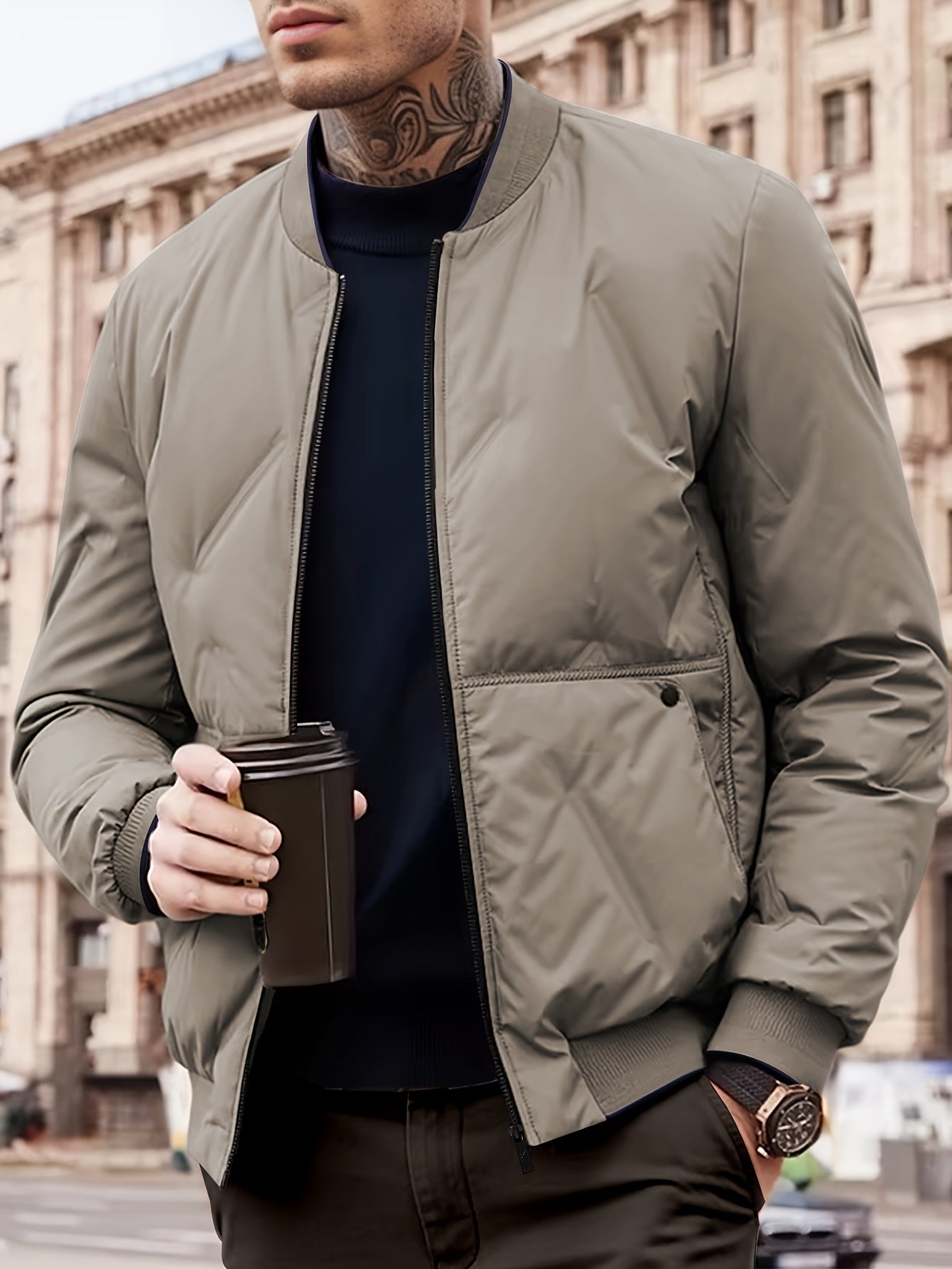 WW | Baseballkragen Reißverschluss Solides Fleece Mit Taschen Winterjacke Für Herren - Perfekt für Outdoor-Aktivitäten