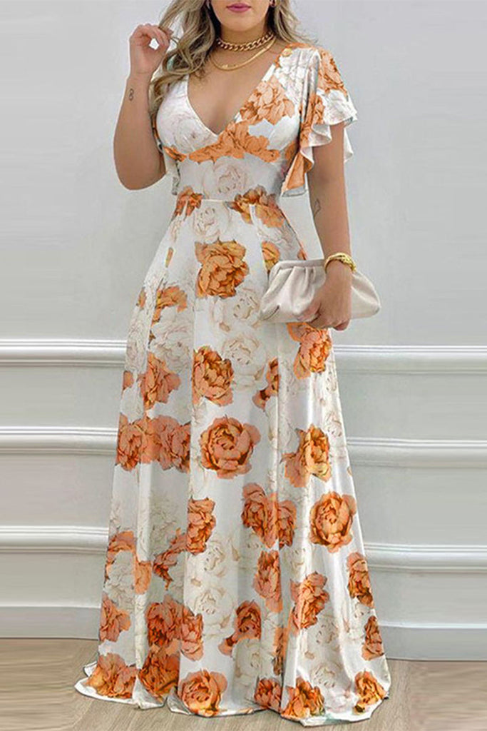 WW | Elegante Print Blumen Rüschenausschnitt A Linie Kleider