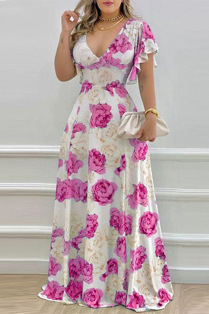 WW | Elegante Print Blumen Rüschenausschnitt A Linie Kleider
