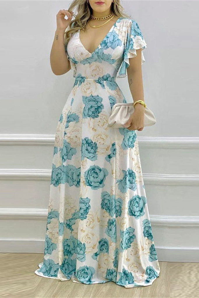 WW | Elegante Print Blumen Rüschenausschnitt A Linie Kleider