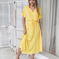 WW | Lässiger Polka Dot V-Ausschnitt Kurzarm Midi Kleid
