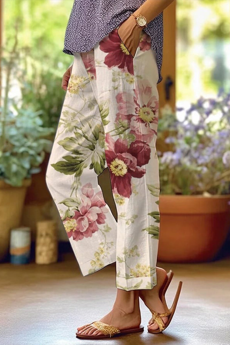 WW | Lässige florale Patchwork lockere Mittel Taille gerade Volldruck Hosen