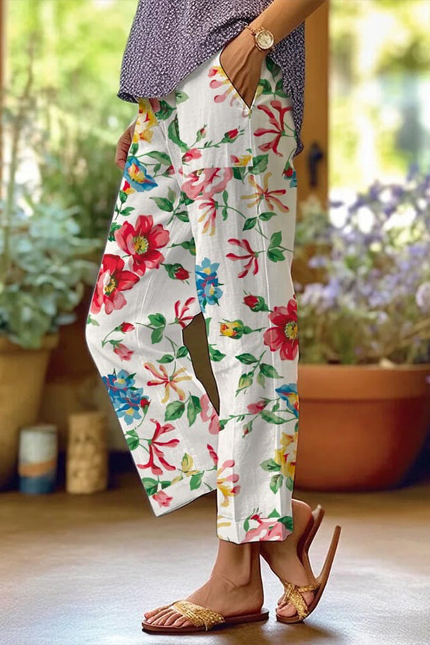 WW | Lässige florale Patchwork lockere Mittel Taille gerade Volldruck Hosen