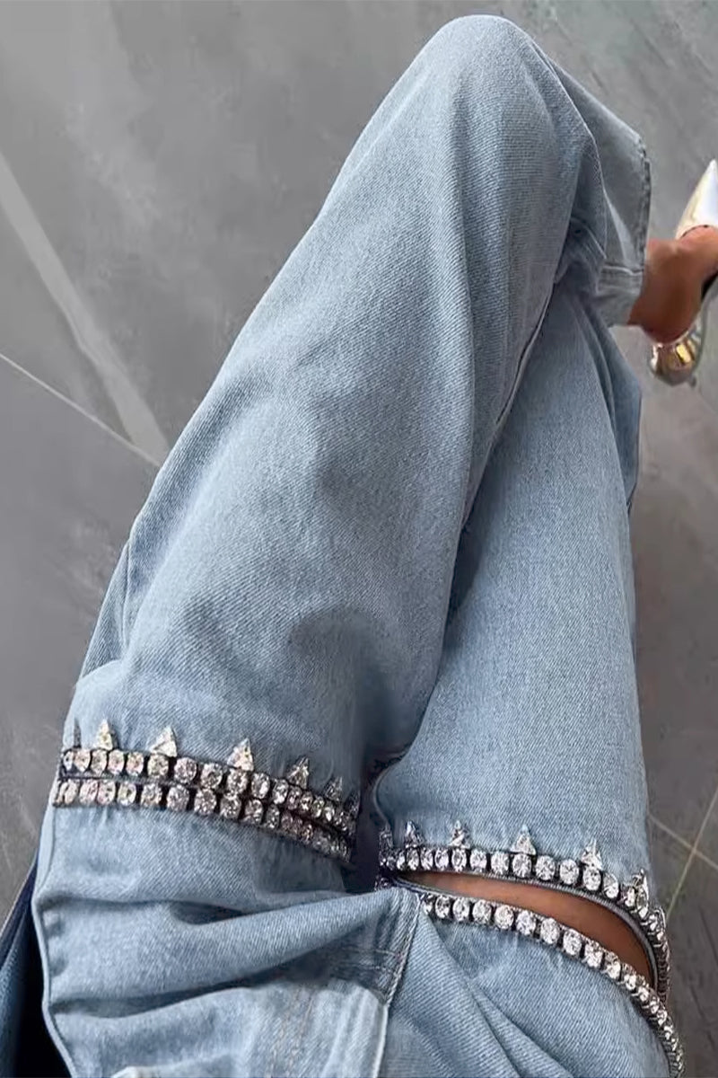 WW | Street Einfarbige Strass Dekor Hohe Taille Denim Jeans