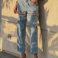 WW | Street Einfarbige Strass Dekor Hohe Taille Denim Jeans