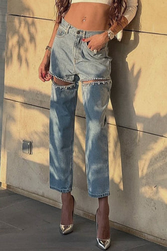 WW | Street Einfarbige Strass Dekor Hohe Taille Denim Jeans