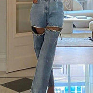 WW | Street Einfarbige Strass Dekor Hohe Taille Denim Jeans