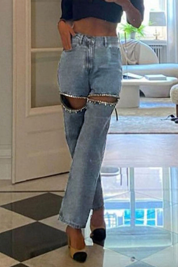 WW | Street Einfarbige Strass Dekor Hohe Taille Denim Jeans