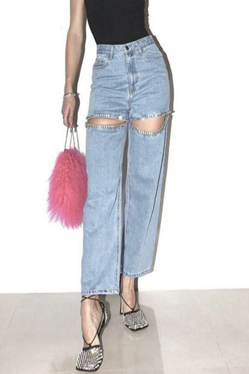 WW | Street Einfarbige Strass Dekor Hohe Taille Denim Jeans