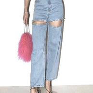 WW | Street Einfarbige Strass Dekor Hohe Taille Denim Jeans