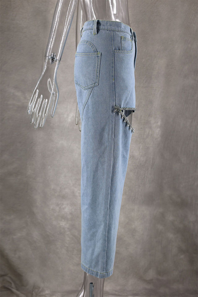 WW | Street Einfarbige Strass Dekor Hohe Taille Denim Jeans