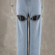 WW | Street Einfarbige Strass Dekor Hohe Taille Denim Jeans