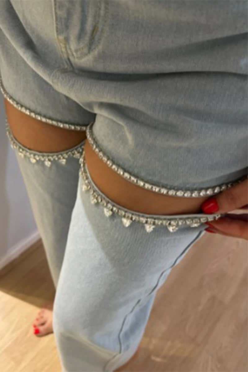 WW | Street Einfarbige Strass Dekor Hohe Taille Denim Jeans