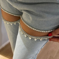 WW | Street Einfarbige Strass Dekor Hohe Taille Denim Jeans