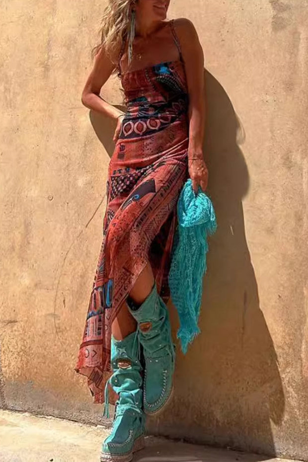 WW | Sexy geometrischer Druck Rückenfreier Schlitzträger Design Sling Kleider - 3 Farben