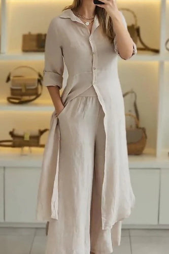 WW | Lässig Einfarbig Knöpfe Hemdkragen Langarm Zwei Teile- 7 Farben