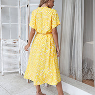WW | Lässiger Polka Dot V-Ausschnitt Kurzarm Midi Kleid