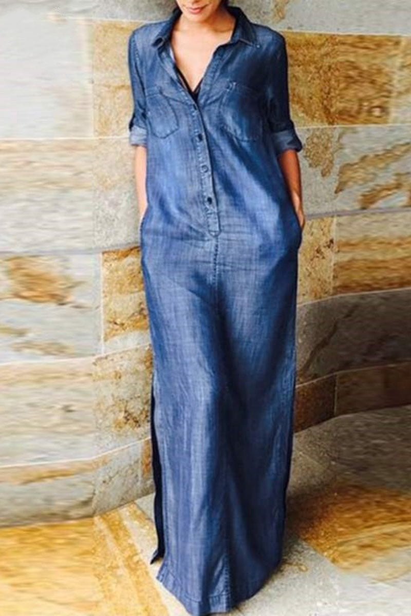 WW | Lässig Einfarbig Tasche Umgeschlagen Kragen Lange Ärmel Regulär Denim Kleider - 3 Farben