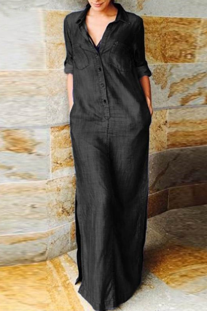 WW | Lässig Einfarbig Tasche Umgeschlagen Kragen Lange Ärmel Regulär Denim Kleider - 3 Farben