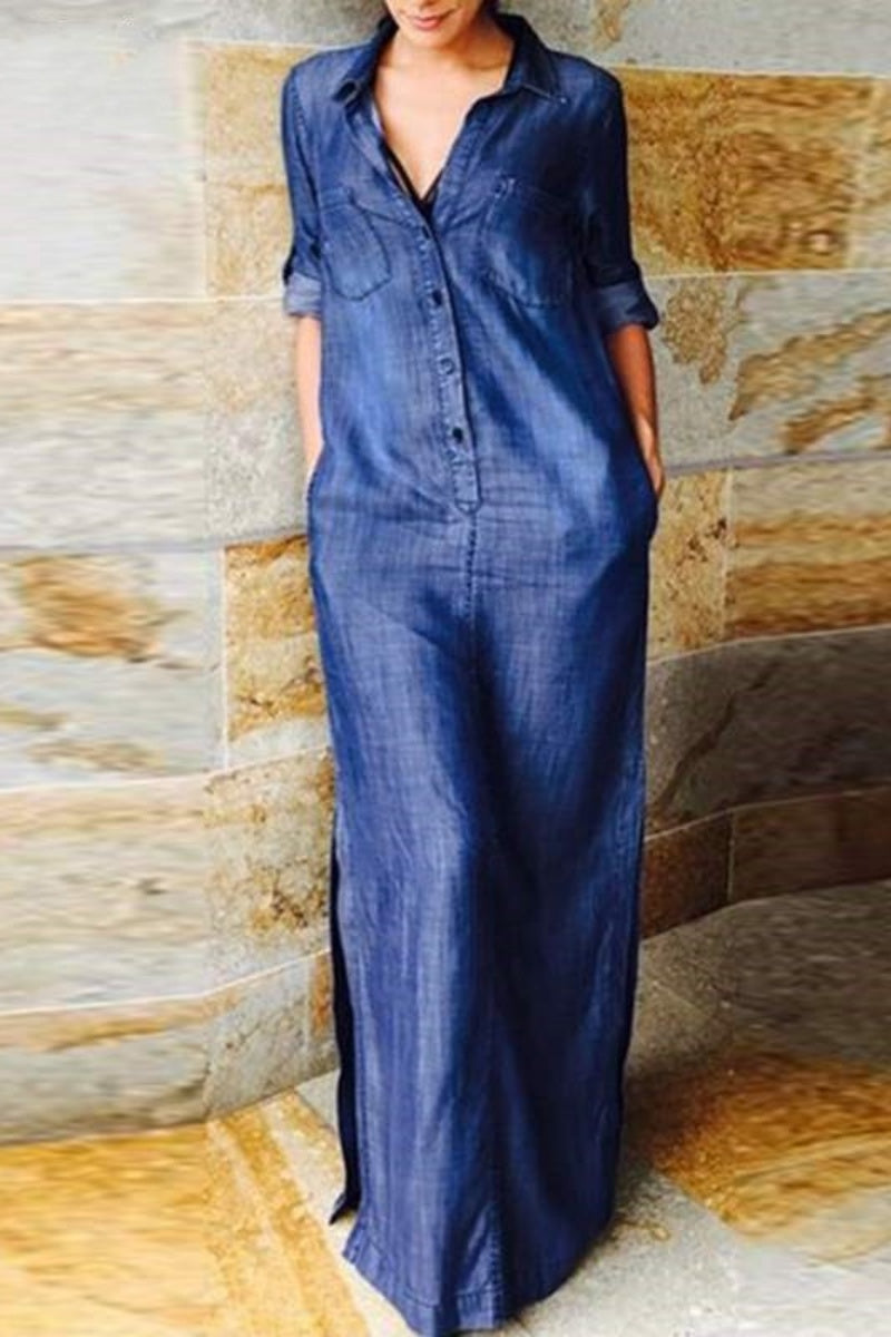 WW | Lässig Einfarbig Tasche Umgeschlagen Kragen Lange Ärmel Regulär Denim Kleider - 3 Farben