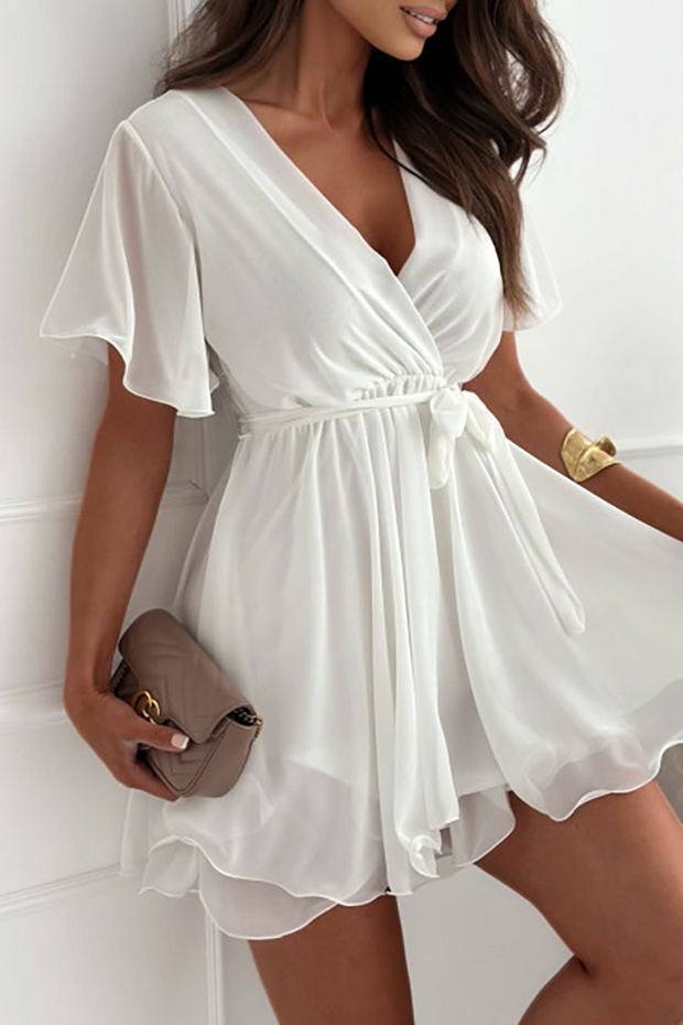 WW | Sexy Einfarbig Spitzenauftritt Rüschenschnitt V-Ausschnitt A Linie Kleider- 3 Farben