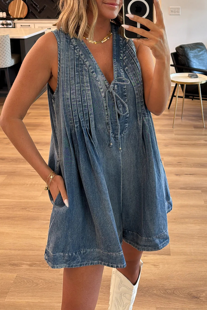 WW | Lässiger Street Einfarbiger Taschen Schnür V-Ausschnitt Ärmelloser Lockere Denim Overall