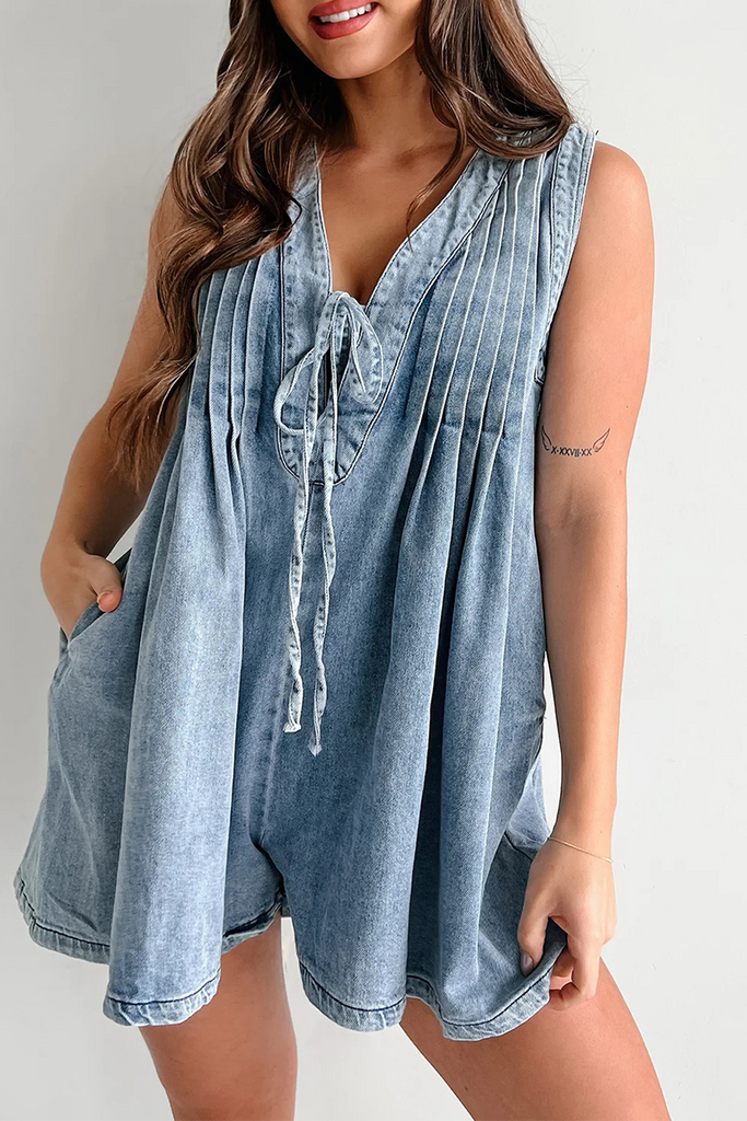 WW | Lässiger Street Einfarbiger Taschen Schnür V-Ausschnitt Ärmelloser Lockere Denim Overall